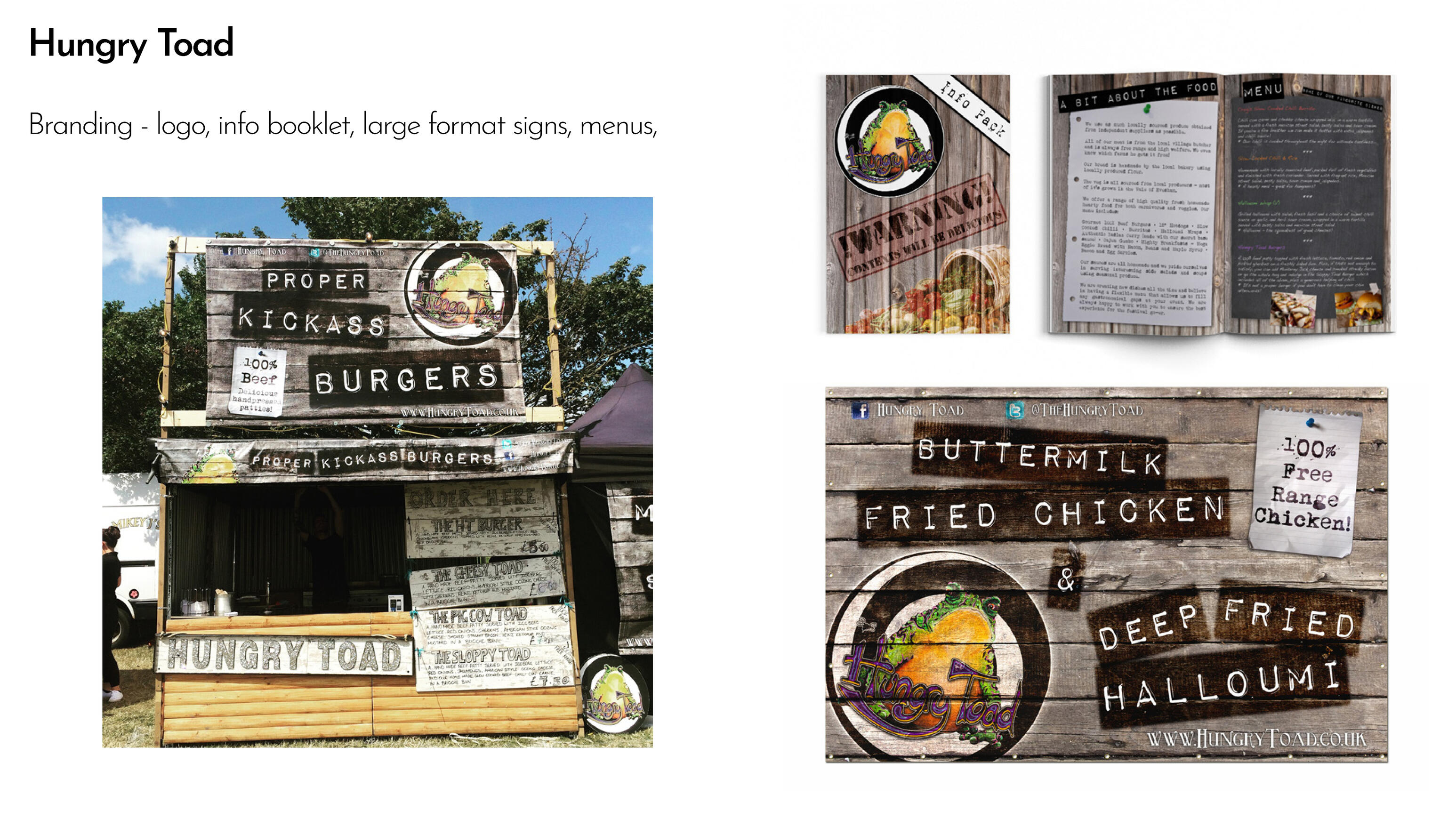 large format signage, logo, promo booklet and menu design for Hungry Toad catering